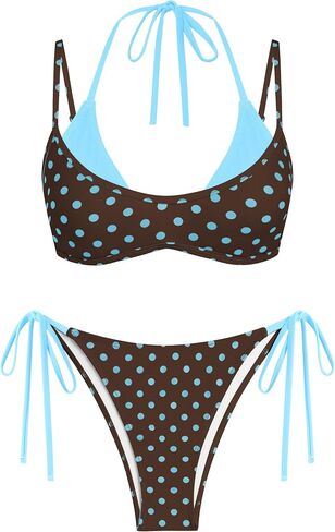 ZAFUL Women's Polka Dot Bikini Set Double Layer Halter Swimsuit Colorblock Side Tie 2 Piece Bathing Suit in Kuwait