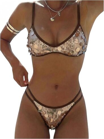 Verdusa Women's 2 Piece Sequin Micro Bikini Sets Sparkly Cheeky Bathing Suit Vacation Outfits in Kuwait