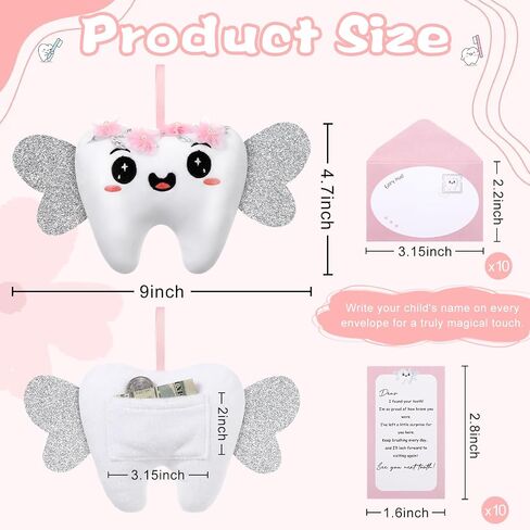 Tooth Pillow Kit with Shiny Wings and Pocket for Birthday Anniversary Daughter Son Includes a Cute Plush Doll, 10 Set Card Keepsake Wallet Pouch Gifts in Kuwait