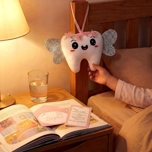 Tooth Pillow Kit with Shiny Wings and Pocket for Birthday Anniversary Daughter Son Includes a Cute Plush Doll, 10 Set Card Keepsake Wallet Pouch Gifts in Kuwait