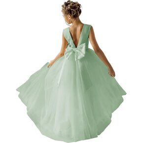 HEWEGO Flower Girls Dress for Wedding Satin Tulle Pageant Formal Communion Dress Pearls Prom Ball Gown with Bow-Knot