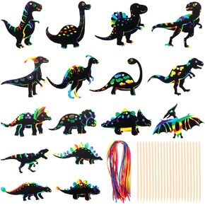 64 Pcs Dinosaur Theme Scratch Cards Rainbow Scratch Paper Dinosaur Crafts Art Card Kit DIY Scratch Dinosaur Paper with 64 Pcs Wood Stylus and 64 Pcs Ribbon for Classroom Craft Birthday Party Supplies
