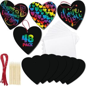ArtCreativity 48 Pack Scratch Off Valentine Cards for Kids Classroom, Set of 48 Valentine Kids Cards Ink-Free Scratch Off Hearts with Scratch Sticks, Red String, and Envelopes, Valentines Kids Crafts