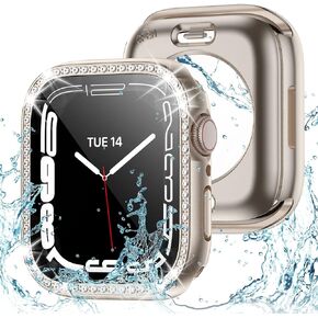 2 in 1 Bling Waterproof Case for Apple watch Series SE 6 5 4 40mm, 360 Protective PC Cover Front & Back Bumper with Tempered Glass Screen Protector, Crystal Diamond iWatch Cases for Women, 40mm Black