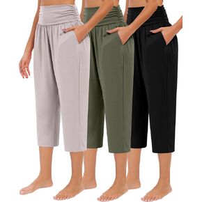 Neer 3 Pcs Women's Capri Yoga Pants Wide Leg Casual Crop Pants High Waist Capris Sweatpants with Pockets Loose Lounge Capris