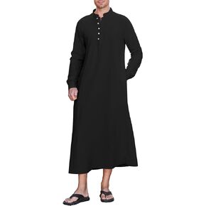 NANAMEEI Men's Linen Kaftan Thobe Long Sleeve Robe Button Down Casual Muslim Clothes With Pocket