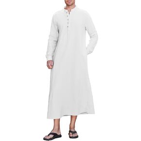 NANAMEEI Men's Linen Kaftan Thobe Long Sleeve Robe Button Down Casual Muslim Clothes With Pocket in Kuwait