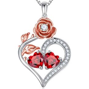 Iefil Rose Heart Necklaces Gifts for Women - 925 Sterling Silver Double Heart Birthstone Necklace, Anniversary Birthday Gifts for Women, Valentines Day Gifts, Jewelry Gifts for Mom Wife Girlfriend