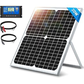 طقم لوحة شمسية ShockFlo 20 وات 12 فولت، جهاز صيانة شاحن البطارية مع وحدة تحكم شحن الطاقة الشمسية 10 أمبير، دعامة تثبيت قابلة للتعديل، مجموعة لوحة شمسية مقاومة للماء IP67 للسيارة RV والقارب والدراجات النارية والسيارات in Kuwait