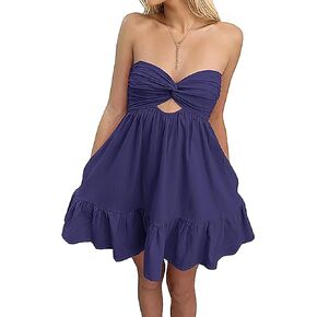AIHUKOCY Women Twist Knot Tube Mini Dress Twisted Cutout Strapless Backless Ruffle Flowy Solid Sexy Party Short Dresses