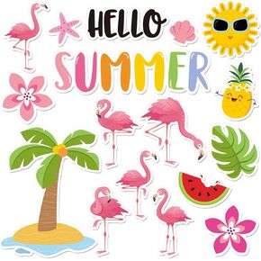 Whaline Flamingos Cutouts Hello Summer Bulletin Border Set Tropical Coconut Trees Cutouts Hawaiin Pink Flamingos Cut-Outs with 100Pcs Glue Points for Summer Party School Classroom Decor, 23Pcs