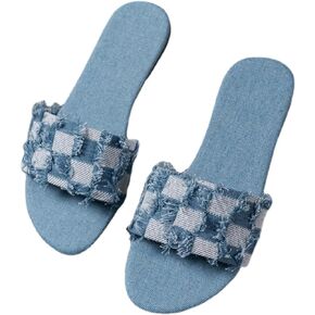 FRZTOUR Denim Sandals for Women Comfortable Walking Flats Summer Casual Peep Toe Slippers