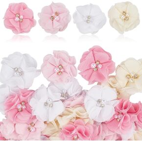 beinkmake 40Pcs Rhinestone Pearl Chiffon Flowers Sewing Fabric Appliques for Women Clothing Headbands Party Wedding Decor DIY Crafts