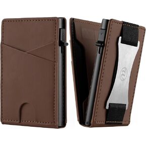Minimalist Slim Wallet for Men - Mens Wallets Leather with POP UP Card Holder Wallet Fits Front Pocket, RFID Blocking Bifold Men's Wallets with Metal Money Clip and Gift Box (Dark Brown)