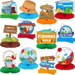 Zonon 12 Pieces Gone Fishing Party Supplies Fishing Centerpieces Fisherman Friendsmas Honeycomb Party Decorations Summer 3D Fishing Table Decor for Birthday Baby Shower Party Decorations