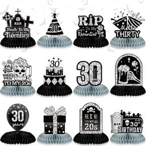 12 Pack Rip to My 20s Birthday Decorations, Death to My 20s Decorations, Rip 20s Birthday Black Silver Honeycomb Centerpieces Decorations, Funeral for My Youth 30th Birthday Table Decorations Decor