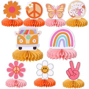 9 PCS Hippie Party Honeycomb Table Centerpiece Peace Sign Hand Butterfly Dasiy Flower Bus 60s Retro Boho Two Groovy Table Toppers Centerpieces Decorations for Hippie Carnival Birthday Party Supplies