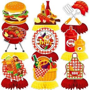 Qpout 9PCS BBQ Baby Shower Honeycomb Centerpieces Carnival BBQ Theme Tables Topper Decorations for Baby Q Birthday Party Summer Barbecue Picnic Party Holidays Decorations Supplies