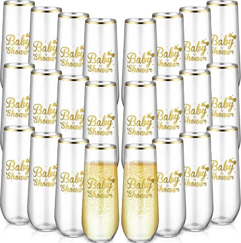 24 Pack Baby Shower Plastic Champagne Flutes Stemless 9 oz Disposable Champagne Glasses Gold Rim Toasting Glasses Clear Shatterproof Baby Shower Party Favor for Cocktail Wine Beverage in Saudi Arabia