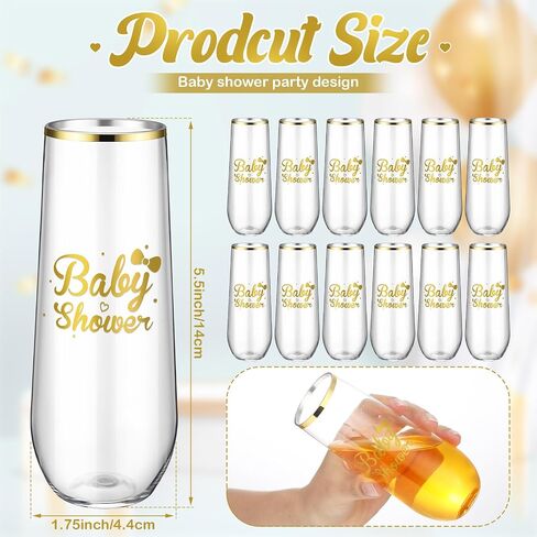 24 Pack Baby Shower Plastic Champagne Flutes Stemless 9 oz Disposable Champagne Glasses Gold Rim Toasting Glasses Clear Shatterproof Baby Shower Party Favor for Cocktail Wine Beverage in Saudi Arabia
