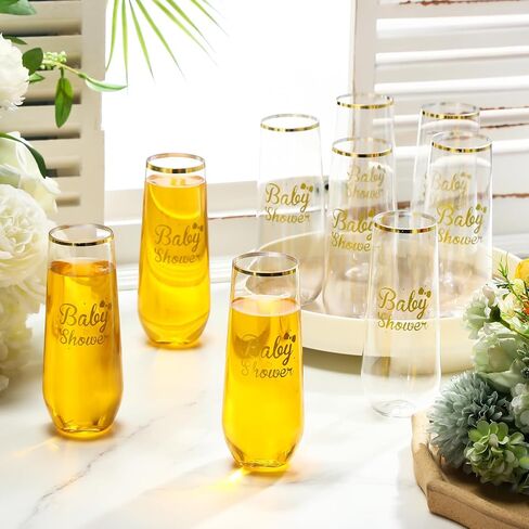 24 Pack Baby Shower Plastic Champagne Flutes Stemless 9 oz Disposable Champagne Glasses Gold Rim Toasting Glasses Clear Shatterproof Baby Shower Party Favor for Cocktail Wine Beverage in Saudi Arabia