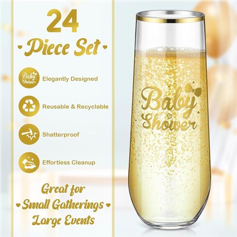 24 Pack Baby Shower Plastic Champagne Flutes Stemless 9 oz Disposable Champagne Glasses Gold Rim Toasting Glasses Clear Shatterproof Baby Shower Party Favor for Cocktail Wine Beverage in Saudi Arabia