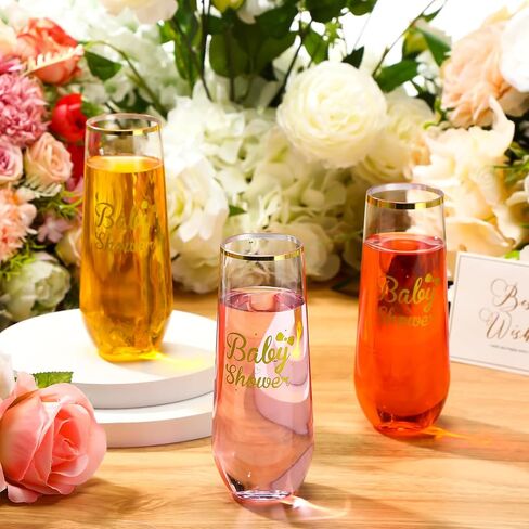 24 Pack Baby Shower Plastic Champagne Flutes Stemless 9 oz Disposable Champagne Glasses Gold Rim Toasting Glasses Clear Shatterproof Baby Shower Party Favor for Cocktail Wine Beverage in Saudi Arabia