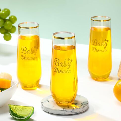 24 Pack Baby Shower Plastic Champagne Flutes Stemless 9 oz Disposable Champagne Glasses Gold Rim Toasting Glasses Clear Shatterproof Baby Shower Party Favor for Cocktail Wine Beverage in Saudi Arabia