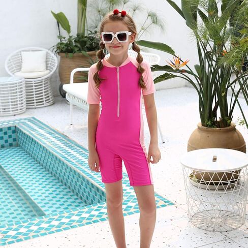Dayu Kids Girls One Piece Rashguard Swimsuit Short Sleeve Beach Surfing Suit 4-14 Years in Kuwait
