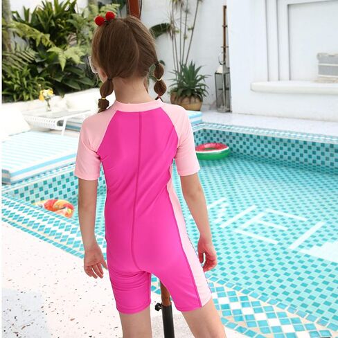 Dayu Kids Girls One Piece Rashguard Swimsuit Short Sleeve Beach Surfing Suit 4-14 Years in Kuwait