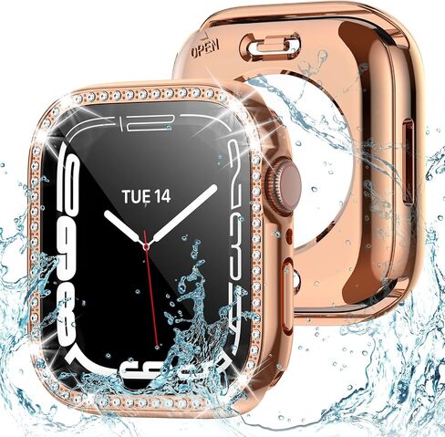 حافظة مقاومة للماء 2 في 1 لساعة Apple Watch Series 8 7 مقاس 41 ملم، غطاء حماية 360 درجة من البولي كربونات الأمامي والخلفي مع واقي شاشة من الزجاج المقوى، حافظات iWatch من الكريستال الماسي للنساء، ضوء النجوم 41 ملم in Saudi Arabia
