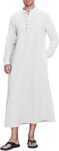 NANAMEEI Men's Linen Kaftan Thobe Long Sleeve Robe Button Down Casual Muslim Clothes With Pocket in Kuwait
