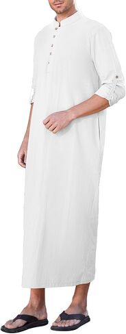 NANAMEEI Men's Linen Kaftan Thobe Long Sleeve Robe Button Down Casual Muslim Clothes With Pocket in Kuwait