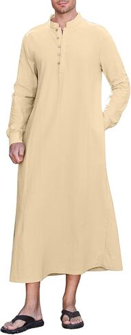 NANAMEEI Men's Linen Kaftan Thobe Long Sleeve Robe Button Down Casual Muslim Clothes With Pocket in Saudi Arabia