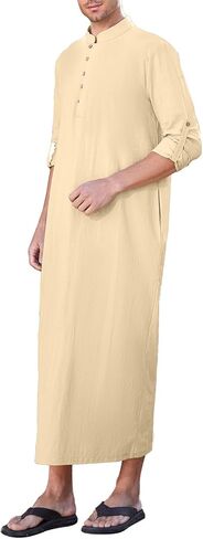 NANAMEEI Men's Linen Kaftan Thobe Long Sleeve Robe Button Down Casual Muslim Clothes With Pocket in Saudi Arabia