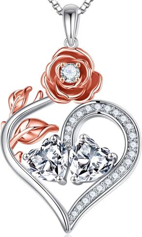 هدايا قلادات على شكل قلب وردي من Iefil للنساء - قلادة من الفضة الإسترلينية 925 على شكل قلب مزدوج، هدايا عيد ميلاد الذكرى السنوية للنساء، هدايا عيد الحب، هدايا مجوهرات للأم والزوجة والصديقة in Kuwait