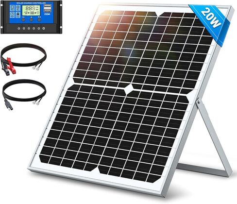 طقم لوحة شمسية ShockFlo 20 وات 12 فولت، جهاز صيانة شاحن البطارية مع وحدة تحكم شحن الطاقة الشمسية 10 أمبير، دعامة تثبيت قابلة للتعديل، مجموعة لوحة شمسية مقاومة للماء IP67 للسيارة RV والقارب والدراجات النارية والسيارات in Kuwait