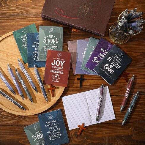Gueevin 72 Pcs Christian Bible Verse Notepads Motivational Pens Set Religious Prayer Journal Mini Pocket Notebooks Faith Love Joy Ballpoint Pens Christian Gifts for Church School in Saudi Arabia