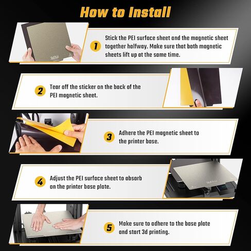 سرير طابعة SUNLU ثلاثي الأبعاد، سطح مزخرف ببنية مغناطيسية PEI، ورقة PEI ذهبية بلوري للطابعات ثلاثية الأبعاد، 9.25 × 9.25 بوصة (235 × 235 مم)، قطعتان من ورقة PEI (أسود + ذهبي) + ورقة ملصق قاعدة قطعة واحدة in Kuwait