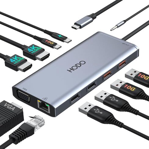 محطة إرساء USB C محطة إرساء كمبيوتر محمول شاشة مزدوجة لمحطة إرساء سطح Dell HP Lenovo محطة إرساء سطحية مزدوجة شاشات HDMI USB C Dongle مع 2 HDMI، VGA، منفذ USB A/C 10G، 100W PD، محور USB C لأجهزة الكمبيوتر المحمول in Kuwait