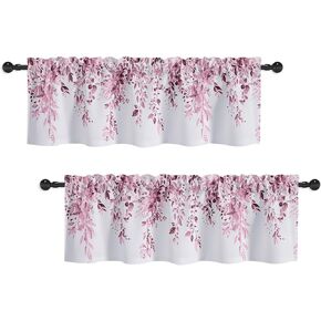 Pink Eucalyptus Valances for Windows, Leaves Floral Short Kitchen Curtains Watercolor Leaf Small Window Treatments for Living Room Bedroom Bathroom 2Panels 52x18inches in Saudi Arabia
