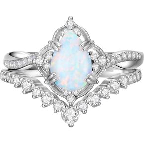 1.5ct Pear Shaped Opal Engagement Rings for Women Genuine Opal Rings Set 925 Sterling Silver 2pcs Vintage Infinity Inspired V Shaped Wedding Band Anniversary Promise Ring in Saudi Arabia
