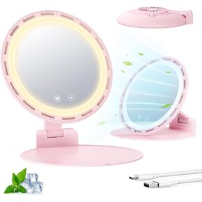 Gospire Foldable Lighted Makeup Mirror with Fan, 3 Speed Cooling Fan, 3 Color Dimmable Lighting, Portable Travel Mirror with Adjustable Stand, Rechargeable LED Vanity Mirror for Bedroom Tabletop, Pink in Saudi Arabia