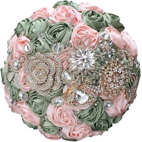 Ribbon Rose Diamond Eternal Bouquet for The Bride's Bridesmaid, Forest Sage Magnificent Handcrafted Brooch Bouquet for The Wedding Church Gathering in Kuwait