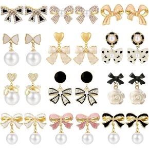 NEWITIN 12 Pairs Bow Earrings for Women Bowknot Stud Earring Set | Hypoallergenic, Bow Pearl Drop Dangle Earrings, Jewelry Accessory Gifts, Gold Earrings, Prom Wedding Party Daily for Women in Kuwait