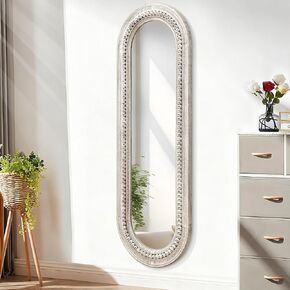 Wall Mirror Full Length with Beaded Framed Oval Rustic Wood Mirrors Decrorative Large 47"x16" for Bedroom Bathroom Living Room Entryway Dressing Room White in Kuwait