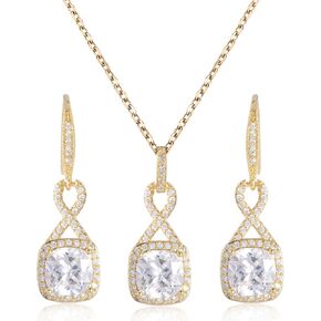 Crystal Jewelry Set for Women - Sterling Silver Princess Cut Square Cubic Zirconia CZ Bridal Pendant Necklace Earrings Set for Wedding Bride Bridesmaids Birthstone Fashion Jewelry Set in Saudi Arabia