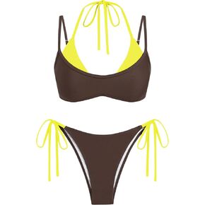 ZAFUL Women's Polka Dot Bikini Set Double Layer Halter Swimsuit Colorblock Side Tie 2 Piece Bathing Suit 0-Brown Yellow L in Kuwait
