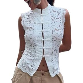 Women’s Mandarin Collar Tank Top Sleeveless Lace Collars Button Blouse Shirt Y2K Fitted Mock Neck Chinese Knot Vest in Kuwait