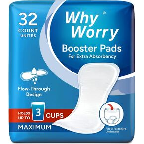 WhyWorry Booster Pads with Maximum Absorbency, 32 Count | Fits Adult Diapers & Incontinence Underwear, Added 3 Cups Extra Absorbency, Flow-Through Design, Unisex, Odor Control in Saudi Arabia